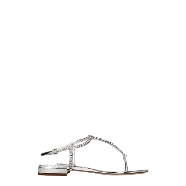 Miu Miu Silver Leather Flip-Flop Sandals with Rhinestones – Women’s