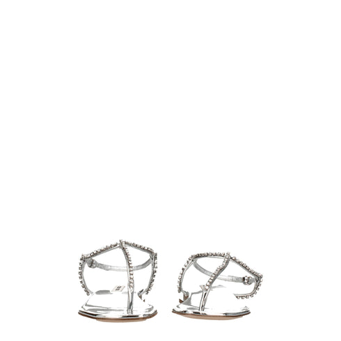 Miu Miu Silver Leather Flip-Flop Sandals with Rhinestones – Women’s