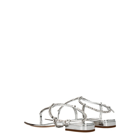 Miu Miu Silver Leather Flip-Flop Sandals with Rhinestones – Women’s