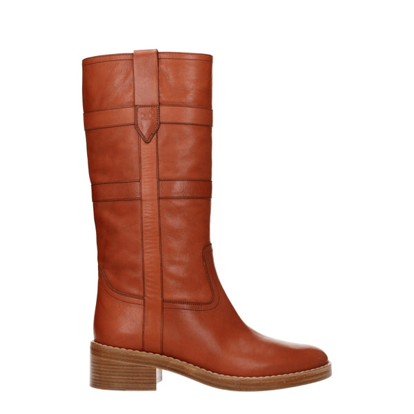 Celine Mid Calf Boots in Brown Leather with Round Toe and Vintage Finish - Women’s Casual Cognac Heel Boots