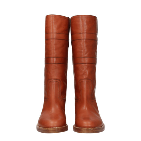 Celine Mid Calf Boots in Brown Leather with Round Toe and Vintage Finish - Women’s Casual Cognac Heel Boots