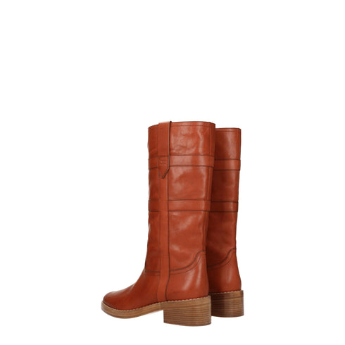 Celine Mid Calf Boots in Brown Leather with Round Toe and Vintage Finish - Women’s Casual Cognac Heel Boots