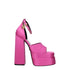 Versace Pink Satin Platform Sandals with Crystal Ankle Strap and High Block Heel - Women’s