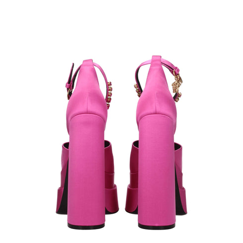 Versace Pink Satin Platform Sandals with Crystal Ankle Strap and High Block Heel - Women’s