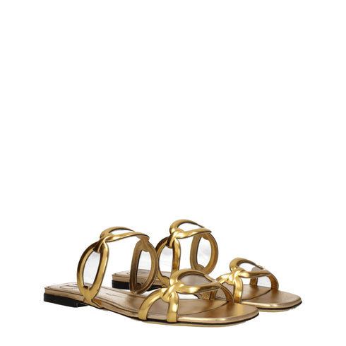 Valentino Garavani Gold Leather Flat Slippers Sandals with Logo Detail for Women
