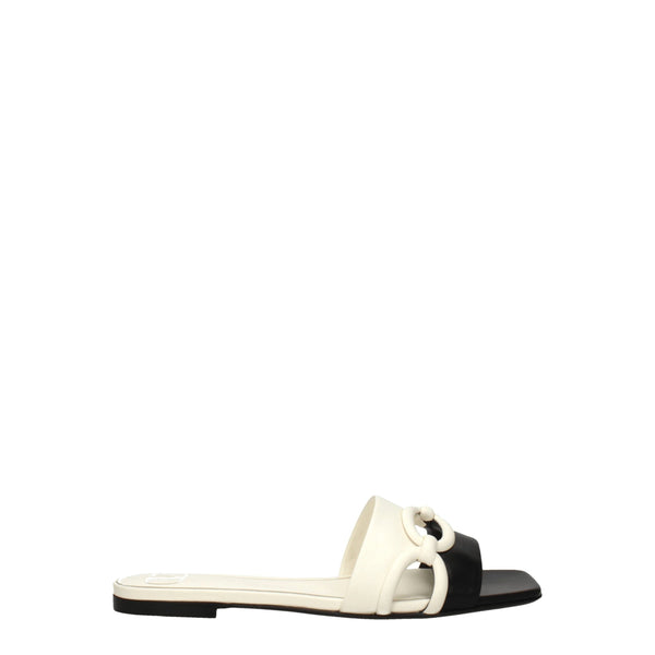 Valentino Garavani Black and Off White Leather Flat Slide Sandals for Women