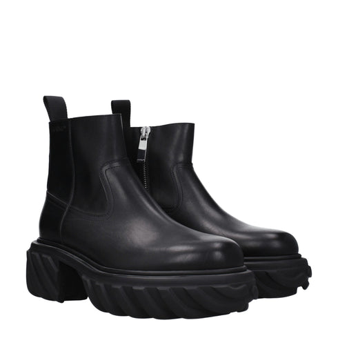 Off-White Black Leather Ankle Boots – Women’s Round Toe Chunky Mid Heel
