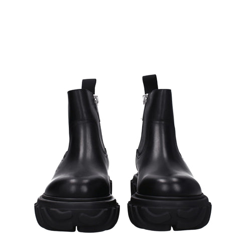 Off-White Black Leather Ankle Boots – Women’s Round Toe Chunky Mid Heel