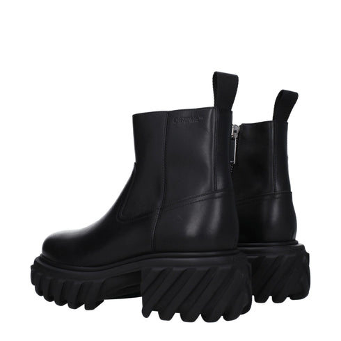 Off-White Black Leather Ankle Boots – Women’s Round Toe Chunky Mid Heel