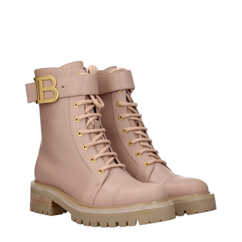 Balmain Nude Pink Leather Ankle Combat Boots with Gold Logo Buckle - Women’s