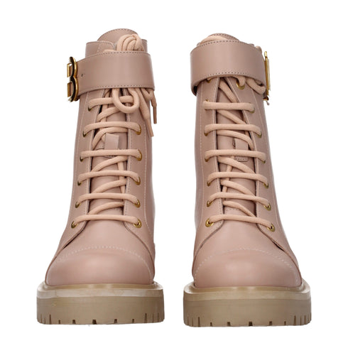 Balmain Nude Pink Leather Ankle Combat Boots with Gold Logo Buckle - Women’s
