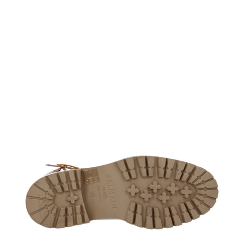 Balmain Nude Pink Leather Ankle Combat Boots with Gold Logo Buckle - Women’s