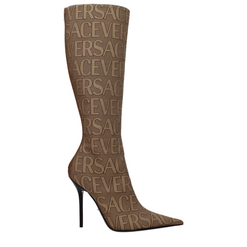 Versace High Heel Boots Brown Fabric Pointed Toe Zip Closure for Women