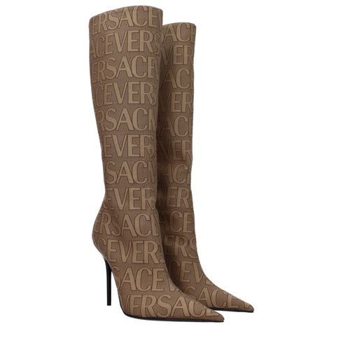 Versace High Heel Boots Brown Fabric Pointed Toe Zip Closure for Women