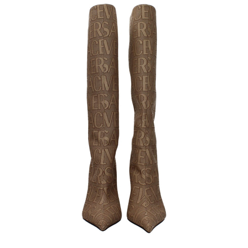 Versace High Heel Boots Brown Fabric Pointed Toe Zip Closure for Women