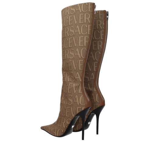 Versace High Heel Boots Brown Fabric Pointed Toe Zip Closure for Women