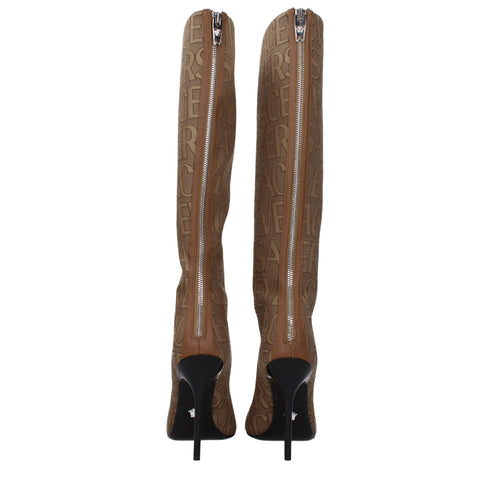 Versace High Heel Boots Brown Fabric Pointed Toe Zip Closure for Women