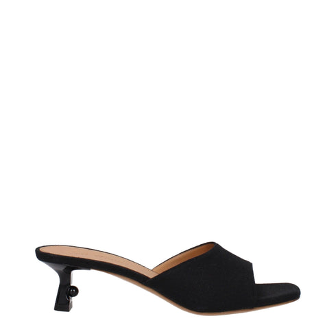 Off-White Mule Sandals – Black Linen Open-Toe Mid-Heel Slides for Women