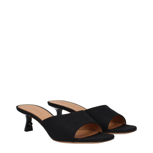 Off-White Mule Sandals – Black Linen Open-Toe Mid-Heel Slides for Women