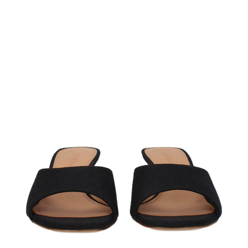 Off-White Mule Sandals – Black Linen Open-Toe Mid-Heel Slides for Women