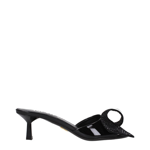 Prada Black Sandals Patent Leather Open Toe Mid Heel with Front Detail for Women