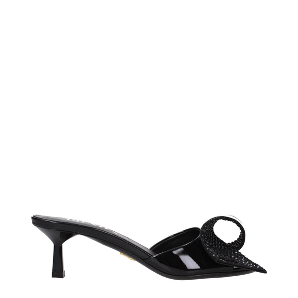 Prada Black Sandals Patent Leather Open Toe Mid Heel with Front Detail for Women