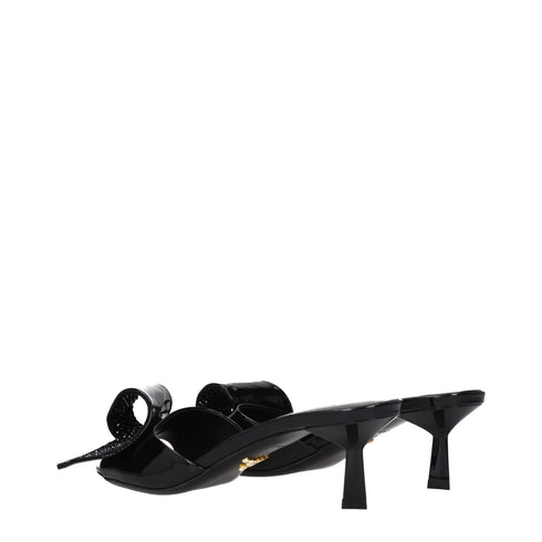 Prada Black Sandals Patent Leather Open Toe Mid Heel with Front Detail for Women