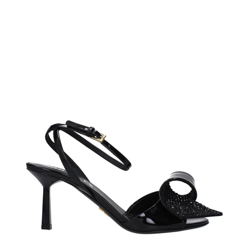 Prada Strappy Sandals Black Patent Leather Mid Heel Open Toe for Women