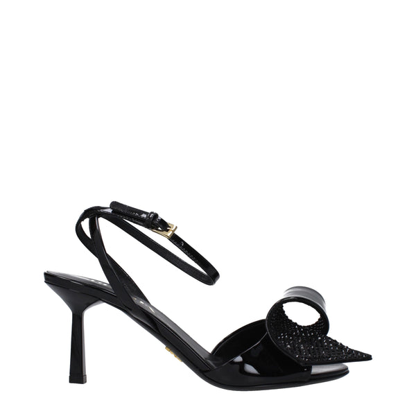 Prada Strappy Sandals Black Patent Leather Mid Heel Open Toe for Women