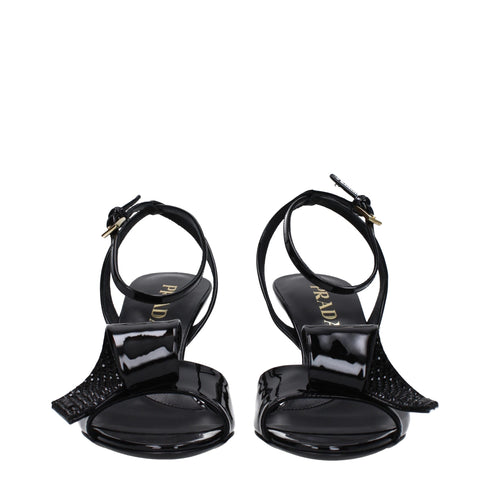 Prada Strappy Sandals Black Patent Leather Mid Heel Open Toe for Women