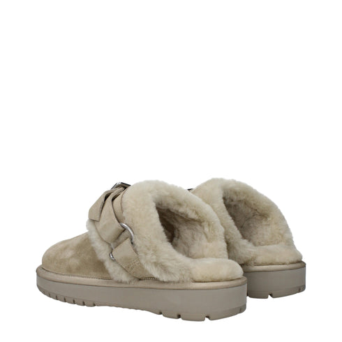 Burberry Beige Suede Shearling Slippers Sandals with Buckle Strap - Women’s