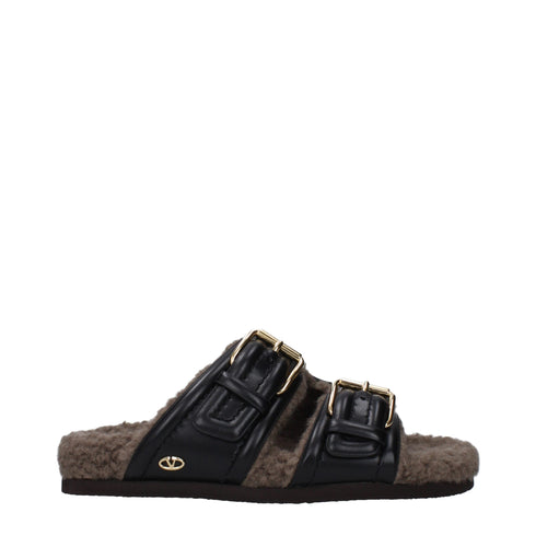 Valentino Garavani Black Leather Shearling Slippers Sandals – Buckled Flats - Women’s
