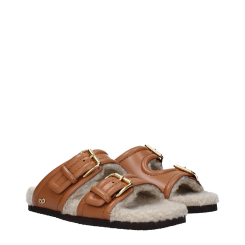 Valentino Garavani Brown Leather Buckle Slippers – Fuzzy Lined Sandals - Women’s