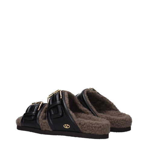 Valentino Garavani Black Leather Shearling Slippers Sandals – Buckled Flats - Women’s
