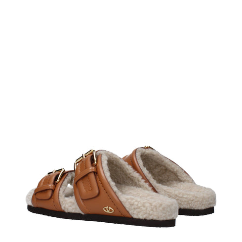 Valentino Garavani Brown Leather Buckle Slippers – Fuzzy Lined Sandals - Women’s