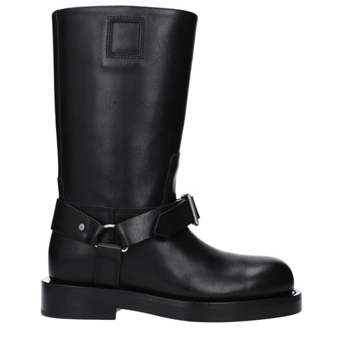 Burberry Buckle Leather Boots Black Mid Heel Women’s