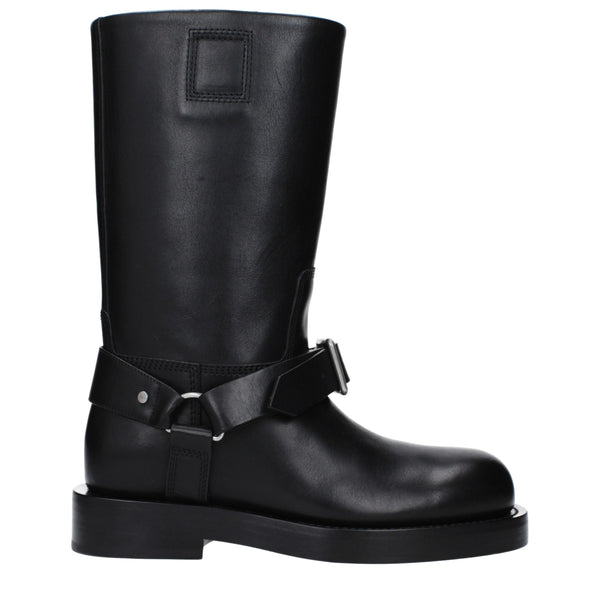 Burberry Buckle Leather Boots Black Mid Heel Women’s