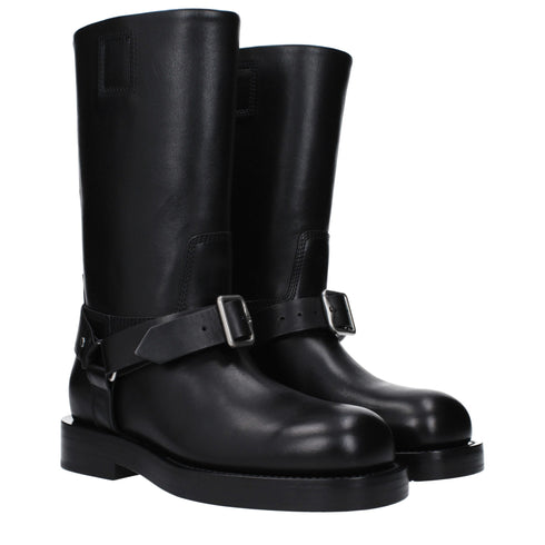 Burberry Buckle Leather Boots Black Mid Heel Women’s