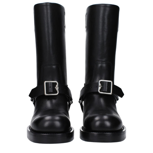 Burberry Buckle Leather Boots Black Mid Heel Women’s