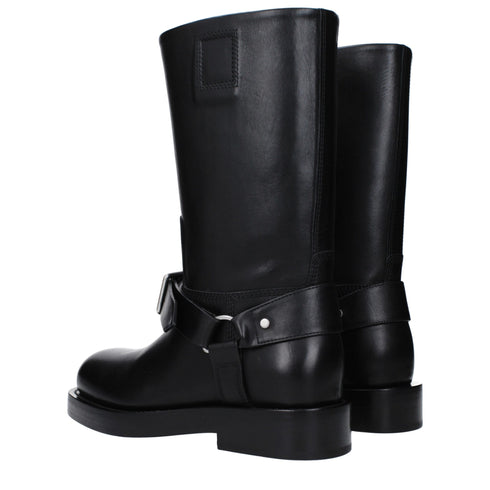 Burberry Buckle Leather Boots Black Mid Heel Women’s