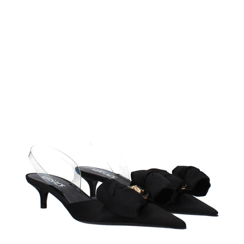 Versace Black Satin Mid Heels Sandals with Bow Detail – Women’s