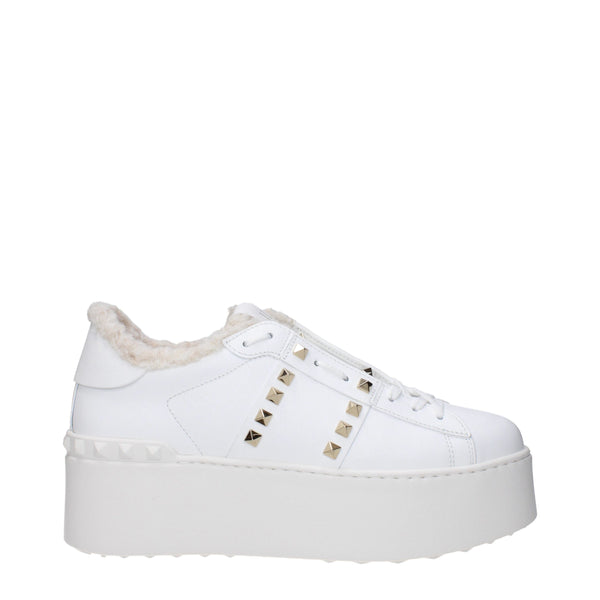 Valentino Garavani White Leather Platform Wedge Sneakers Shoes with Studs and Fur Lining for Women