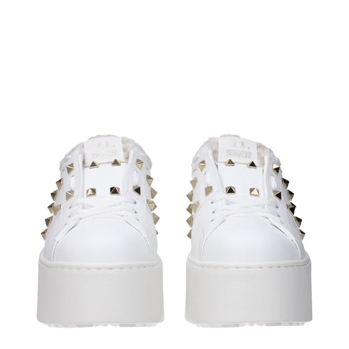 Valentino Garavani White Leather Platform Wedge Sneakers Shoes with Studs and Fur Lining for Women