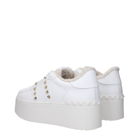 Valentino Garavani White Leather Platform Wedge Sneakers Shoes with Studs and Fur Lining for Women