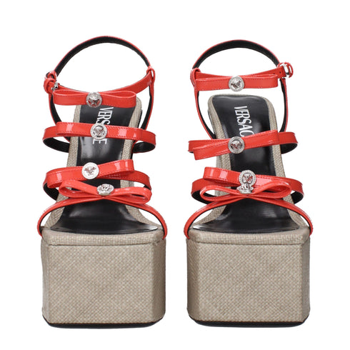 Versace Orange Patent Leather Platform Sandals - Block Heel Strappy Heels - Women’s