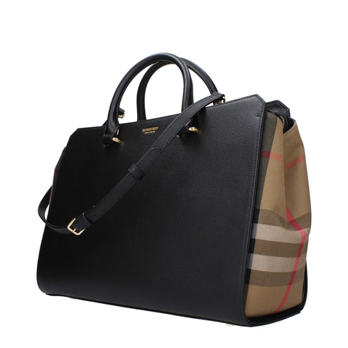Burberry Black Calfskin Leather Handbag with Check Canvas Side Panels for Women