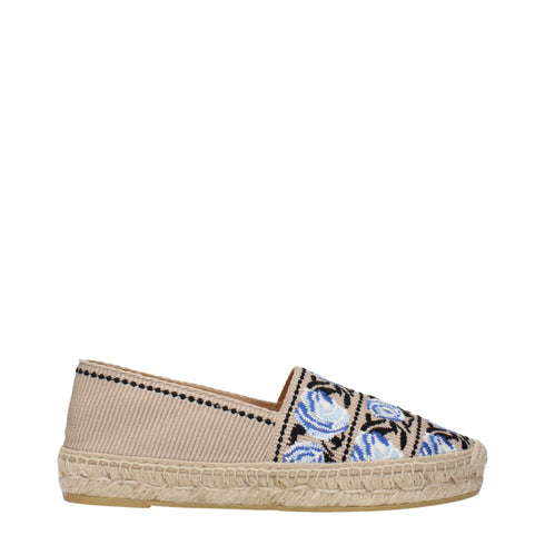 Prada Women's Espadrilles – Beige Fabric Slip-On Flats with Blue Rose Embroidery