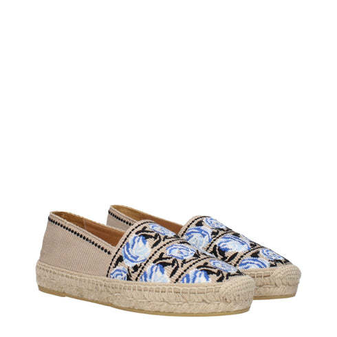 Prada Women's Espadrilles – Beige Fabric Slip-On Flats with Blue Rose Embroidery
