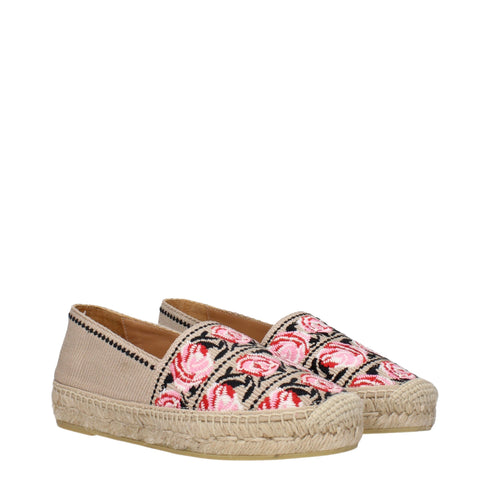 Prada Women's Espadrilles – Beige Fabric Slip-On Flats with Rose Embroidery