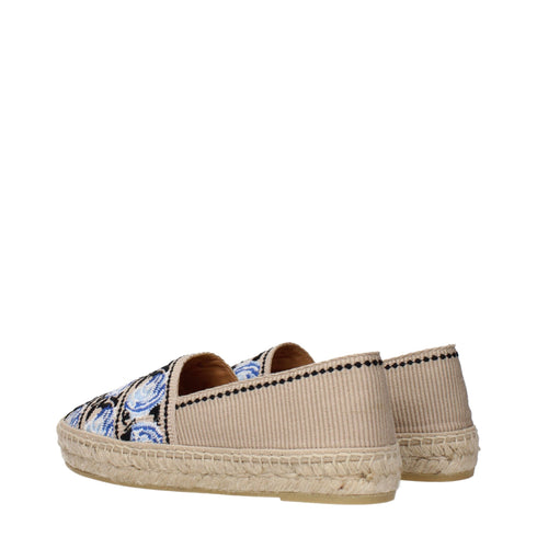 Prada Women's Espadrilles – Beige Fabric Slip-On Flats with Blue Rose Embroidery